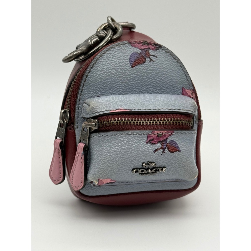 Coach Mini Backpack Bag Charm Floral Blue Burgundy Leather Keychain F39148 - Picture 1 of 9